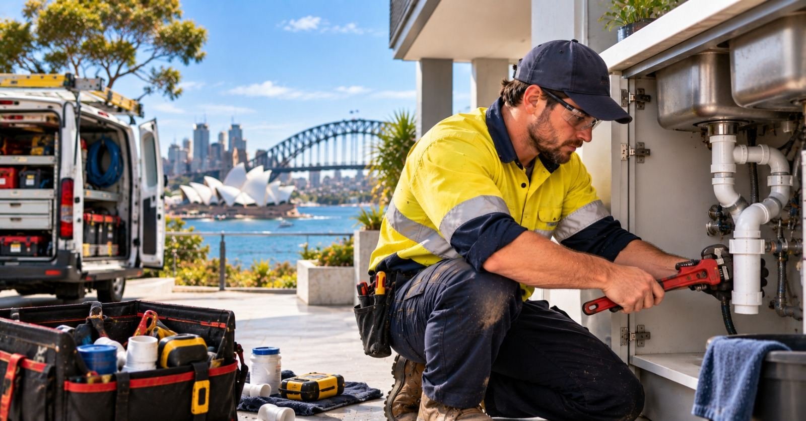 A self-employed plumber loading tools into a work van in Australia