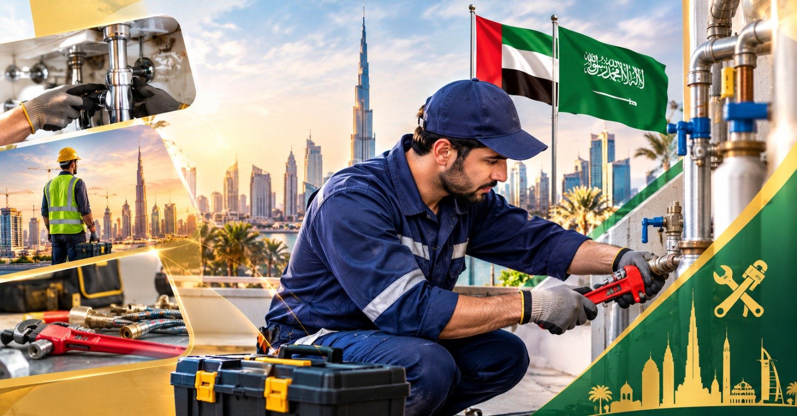 A plumber in blue overalls tightening a pipe fitting with a wrench, with the UAE and Saudi flags, a Dubai construction site and the city skyline behind him