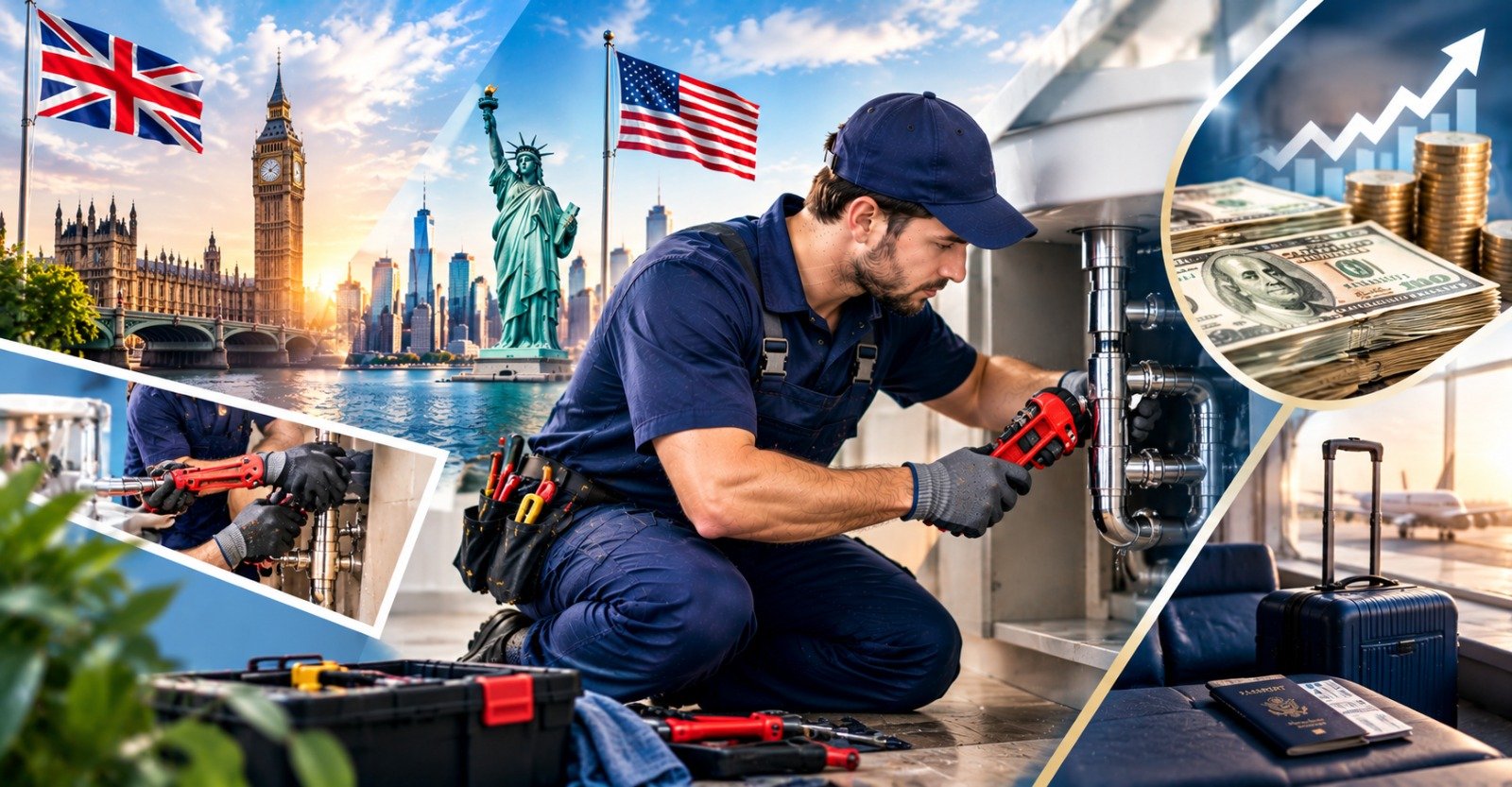 A plumber fitting a pipe under a sink, with the Union Jack and Big Ben on one side and the Statue of Liberty, the US flag and the New York skyline on the other