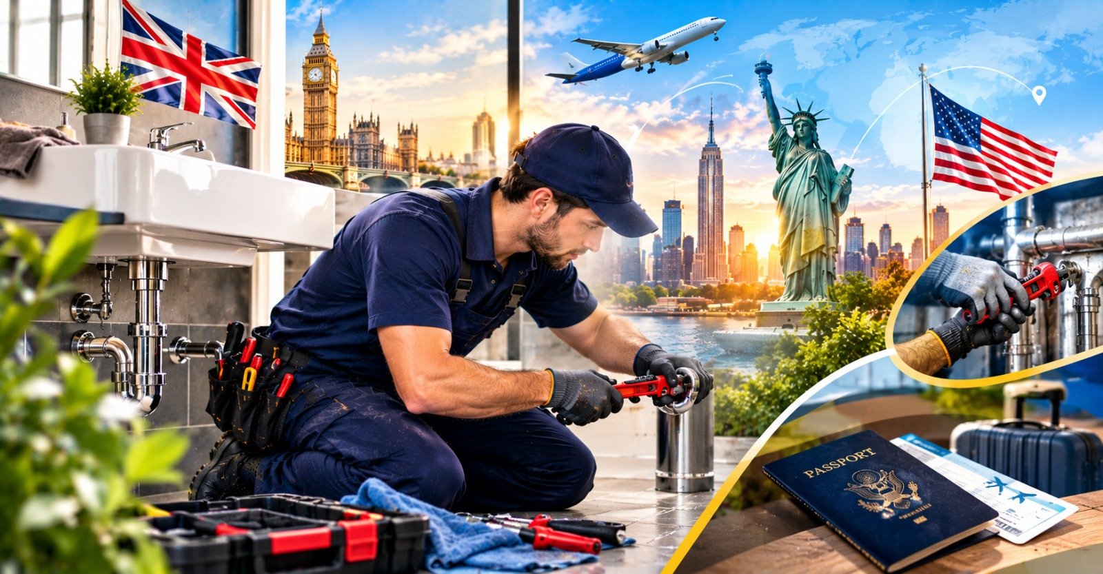 A plumber tightening a pipe joint with a wrench, with British and American landmarks, a stack of dollar bills and a rising chart arranged around the scene