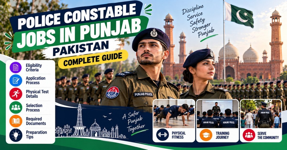 Punjab Police constable and lady constable in front of Lahore landmarks, beside a list of eligibility, application, physical test, selection and preparation steps