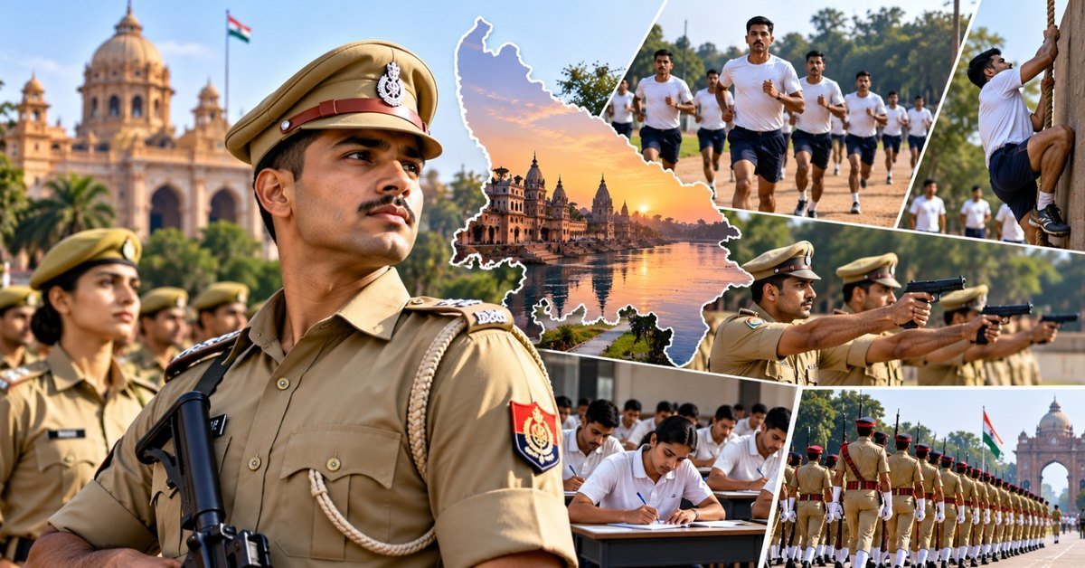 Uttar Pradesh police constables in khaki with scenes of candidates running, training and taking a written test