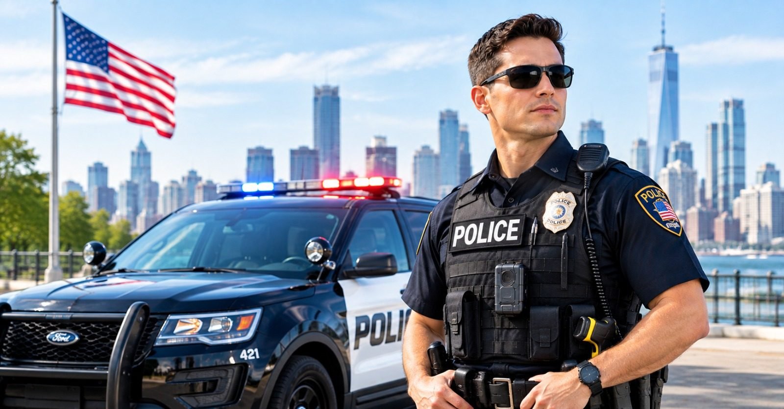 A uniformed police officer standing beside a patrol car with a city skyline behind him