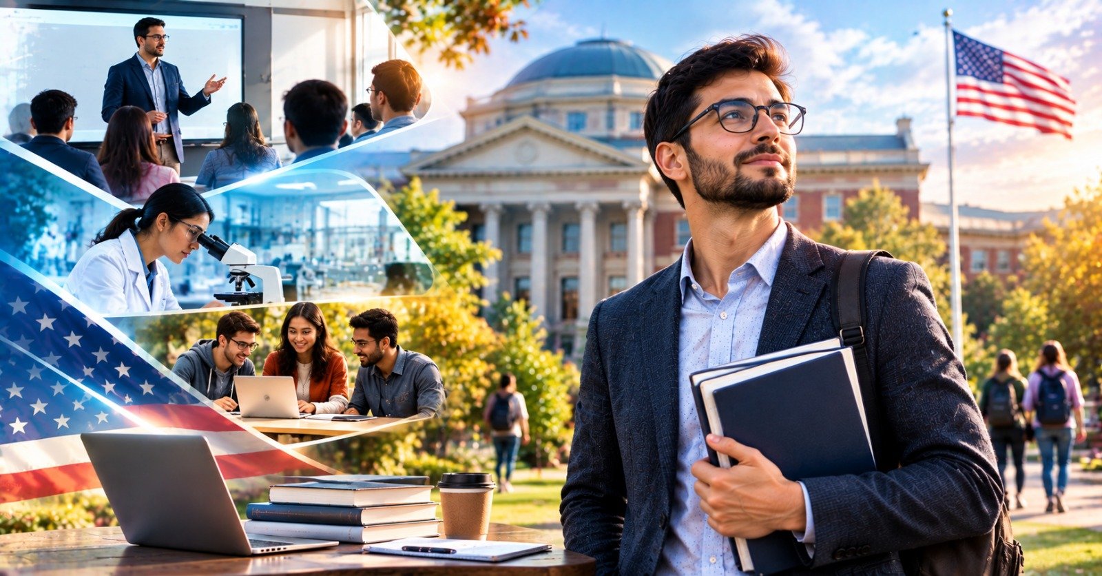 A professor with books and a shoulder bag outside a US university building, with a US flag and a collage of a lecture, a laboratory and a student group behind him
