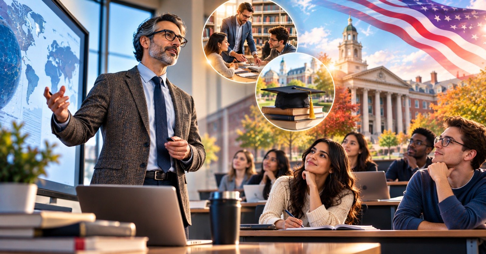 A professor presenting a world map on a classroom screen to attentive students, with a US flag and a campus building in the background