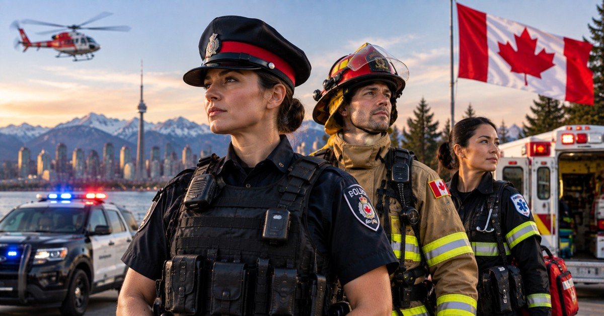 A police officer, firefighter and paramedic stand in front of patrol cars and an ambulance with a Canadian flag and city skyline behind them