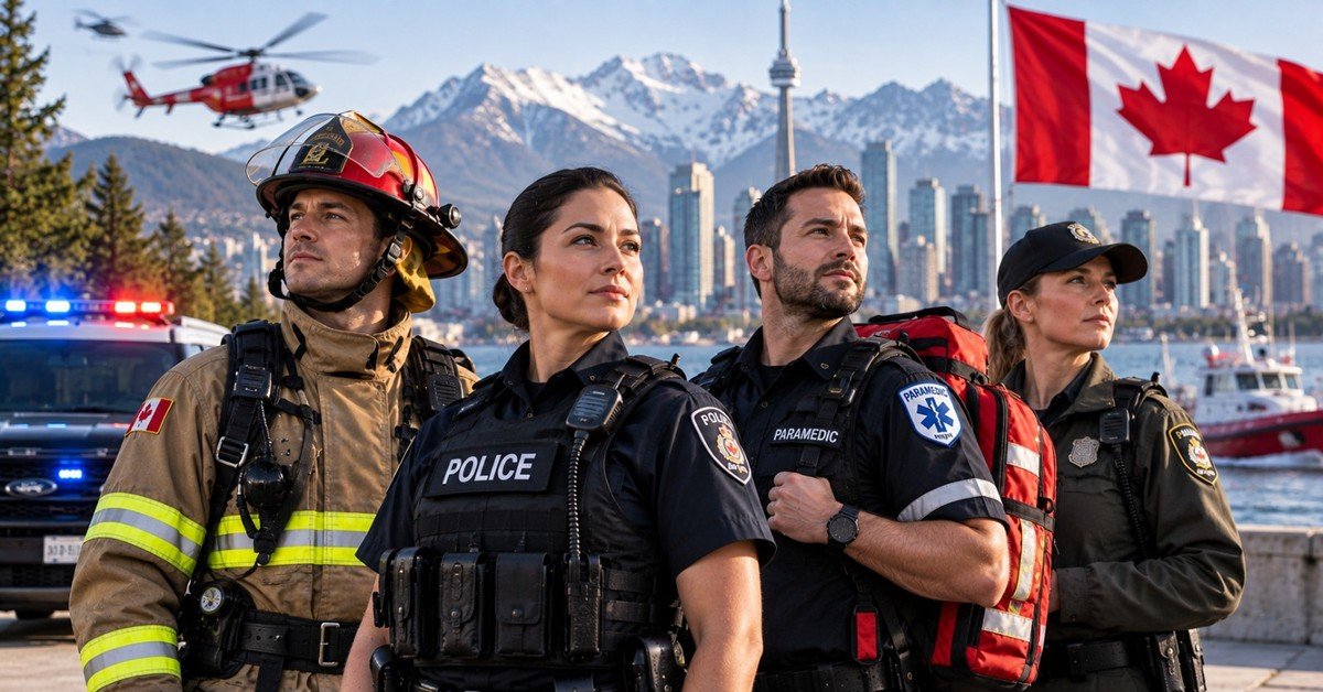 A firefighter, police officer, paramedic and another uniformed officer stand together on a waterfront with a Canadian flag and a rescue helicopter overhead