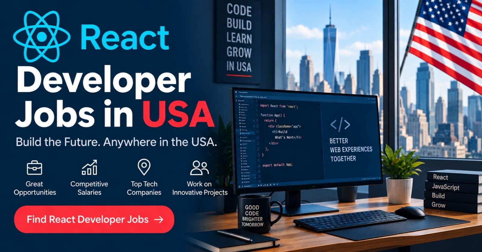 Freelance React developer jobs in USA banner covering contract and remote React work