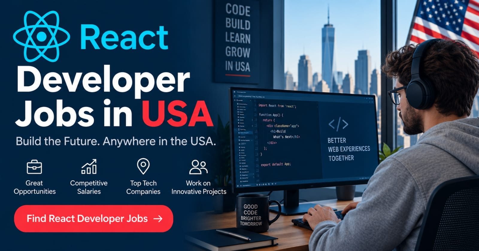 Remote React developer jobs in USA banner for SaaS, e-commerce and startup teams