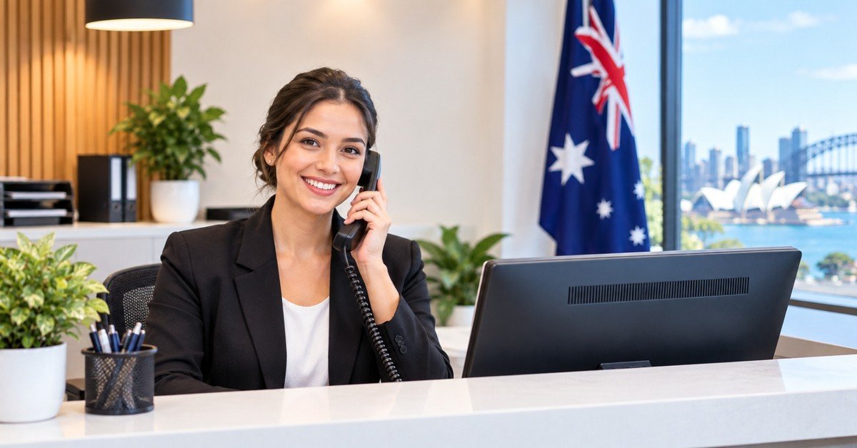 A smiling receptionist in a black blazer answering the phone at a white front desk, with the Australian flag and the Sydney Opera House and Harbour Bridge behind her