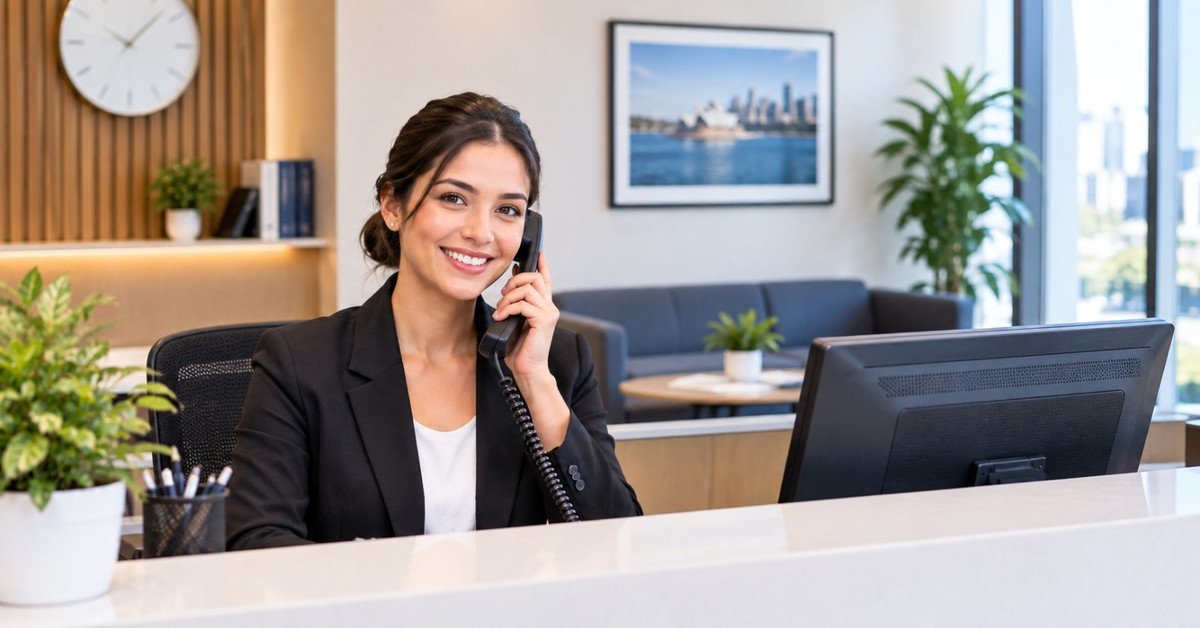 A receptionist on the phone at a front desk in a modern office lobby with a waiting area, a wall clock and a framed photo of the Sydney Opera House