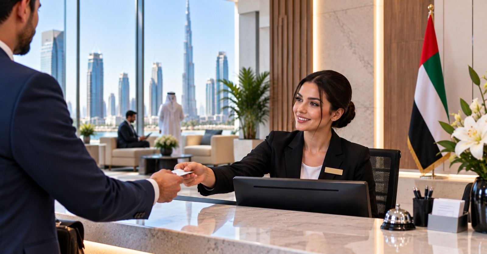A UAE hotel receptionist greeting a guest at a front desk beside the national flag