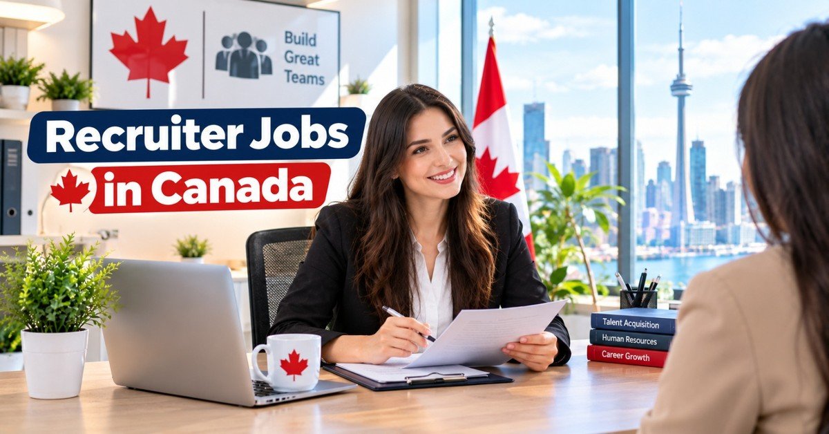 A smiling recruiter in a black blazer reviewing a resume during an interview with a candidate in a Toronto office with the CN Tower outside the window