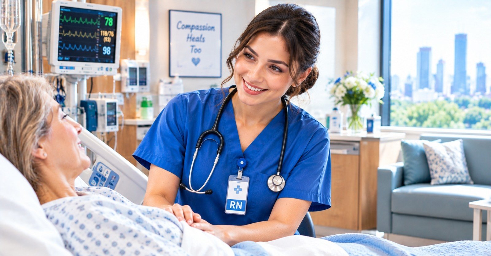 A registered nurse talking with a patient at the bedside in a hospital room