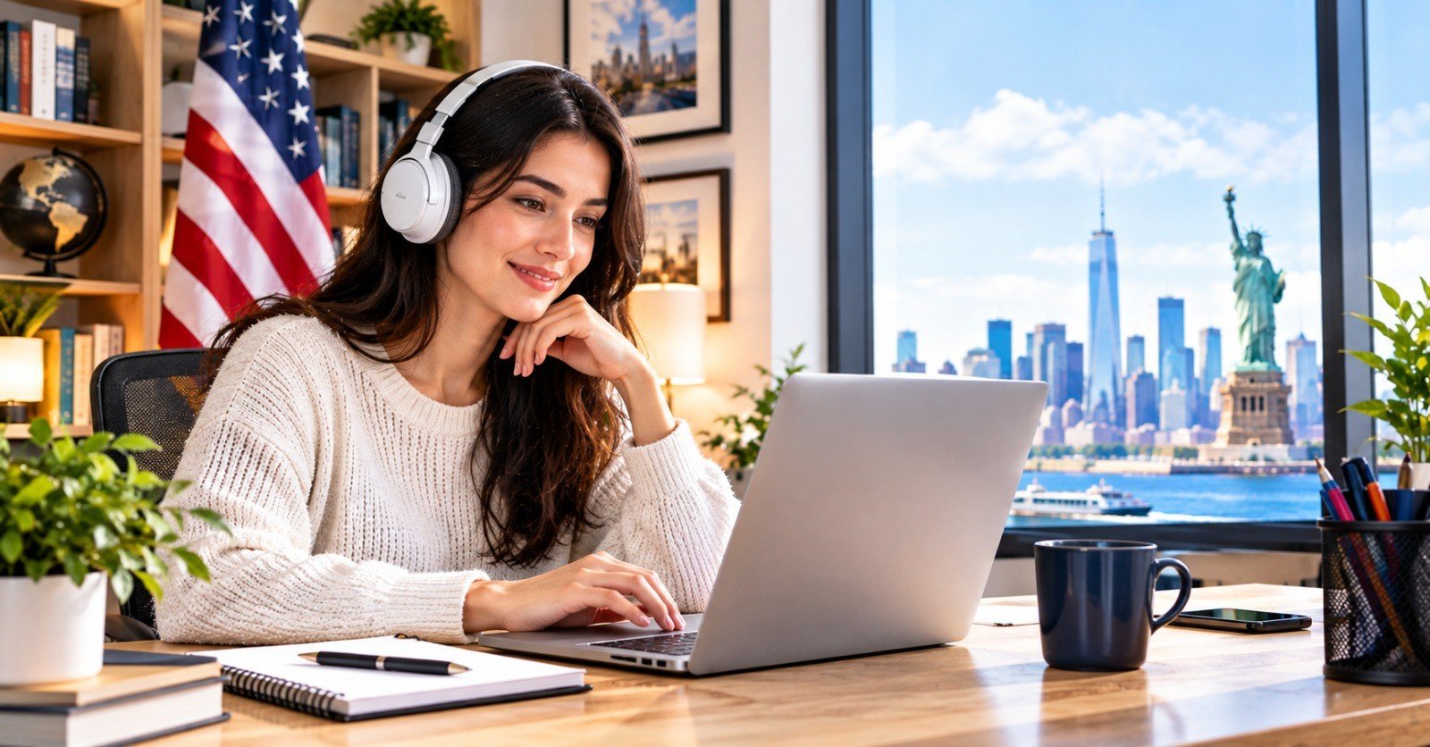A woman in headphones working on a laptop at a home office desk, with the Statue of Liberty and New York skyline through the window