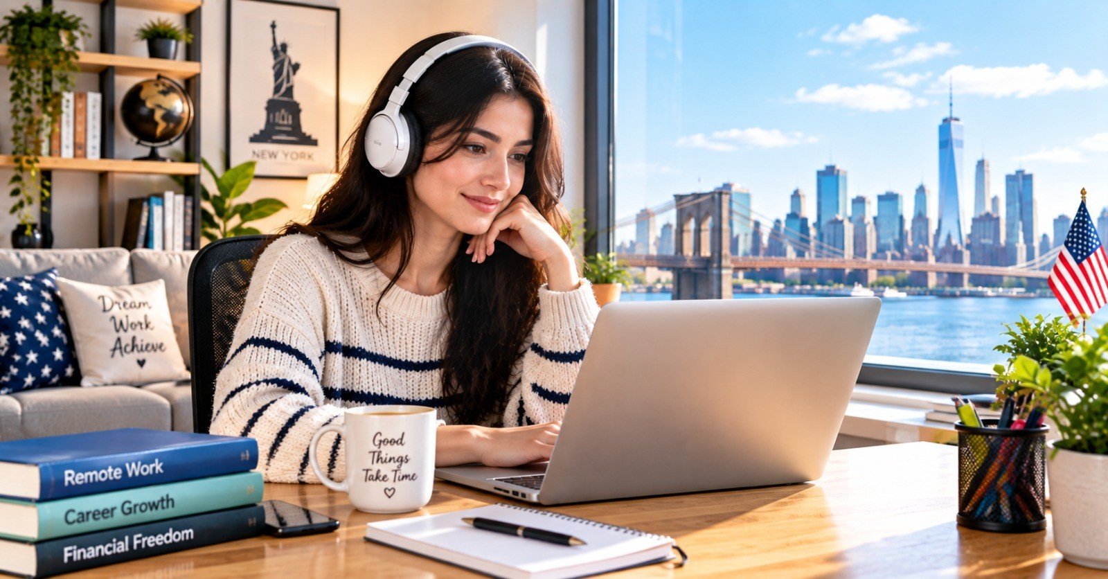 A woman in a striped sweater and headphones working on a laptop at home, with the Brooklyn Bridge and Manhattan skyline behind