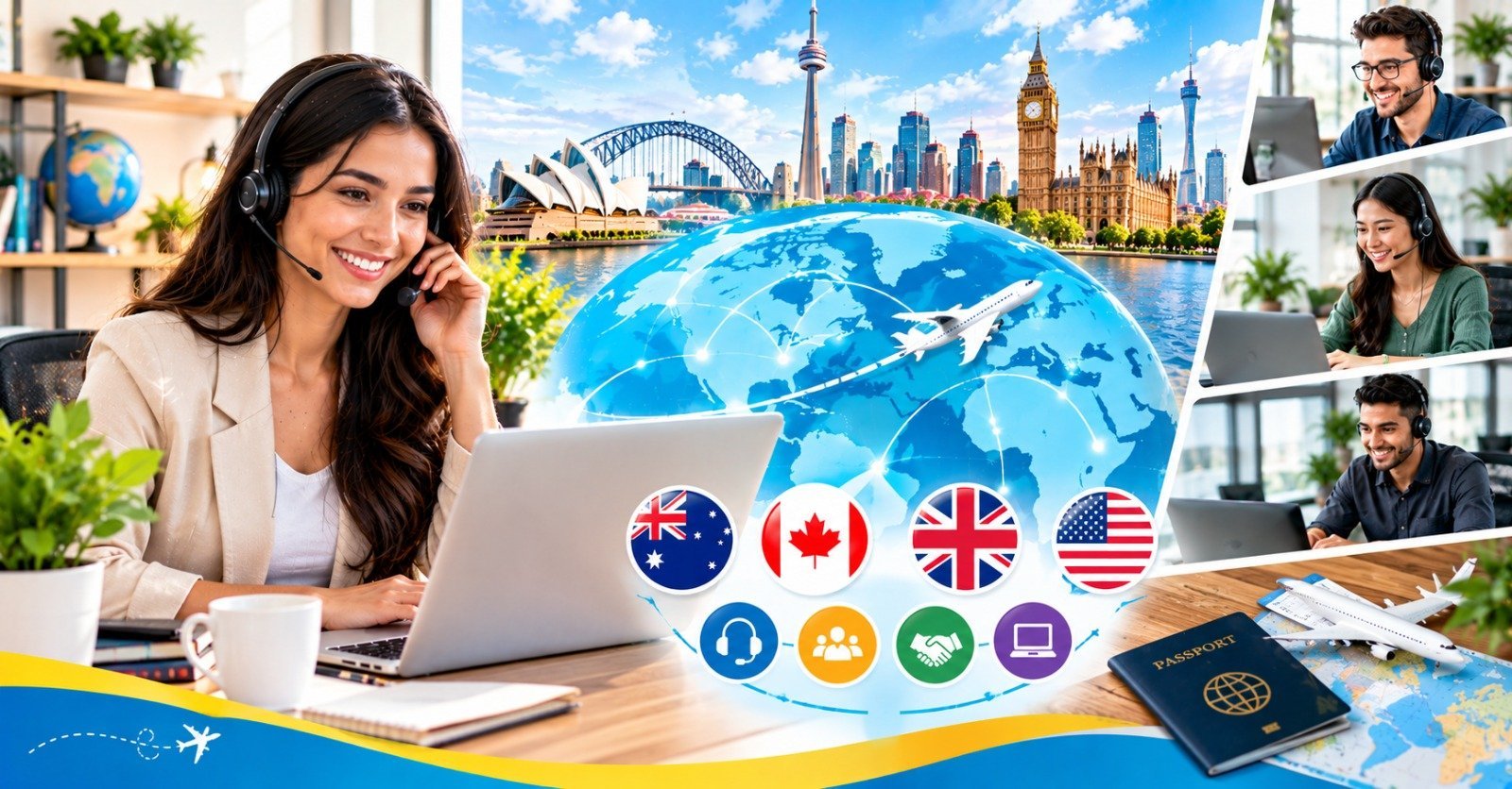 A smiling customer support agent with a headset at a laptop in a bright home office, with a world map, a passport and an airplane beside her
