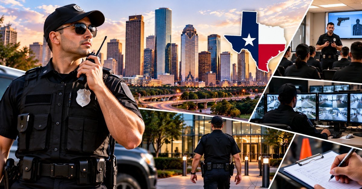 A uniformed security officer with a radio in front of the Houston skyline, with scenes of access control, CCTV monitoring and patrol work