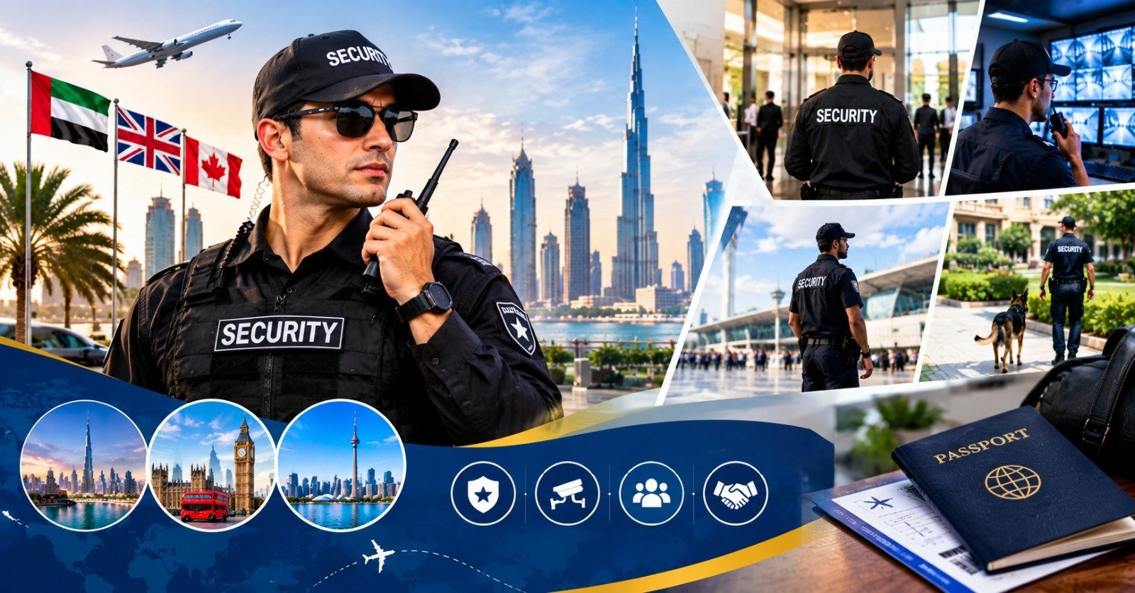 A security guard with a radio in front of the Dubai skyline, beside smaller scenes of guards at a mall entrance, a CCTV control room, an airport and a park with a dog, with the UAE, UK and Canada flags and a passport