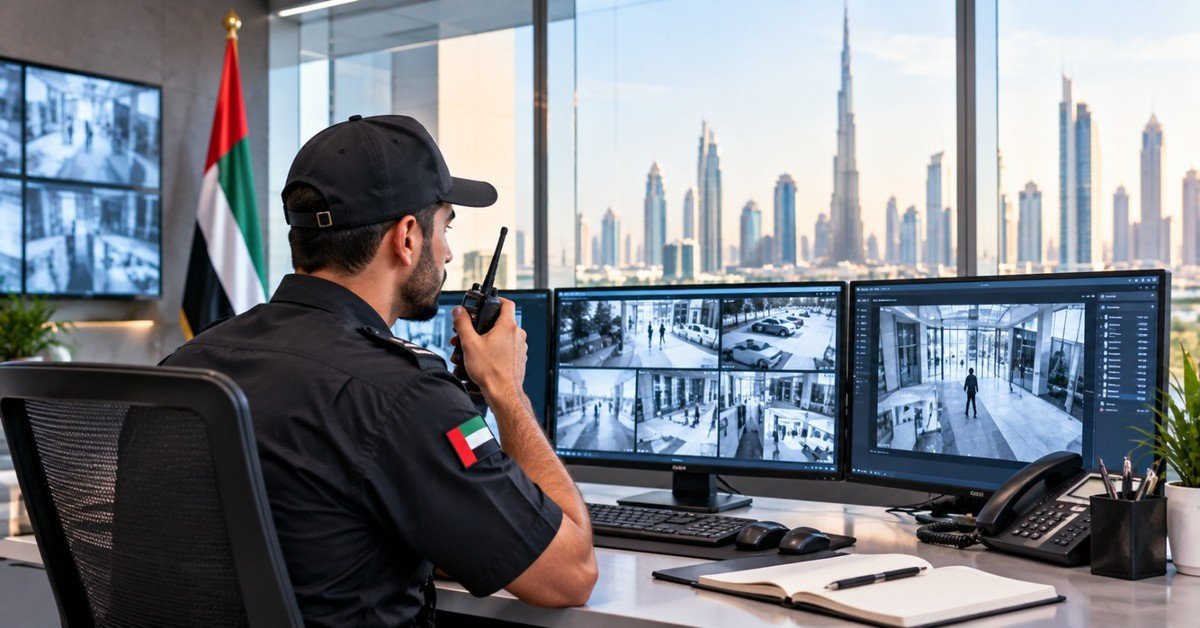 A security officer speaking into a radio while watching CCTV feeds on several monitors in a Dubai control room overlooking the Burj Khalifa