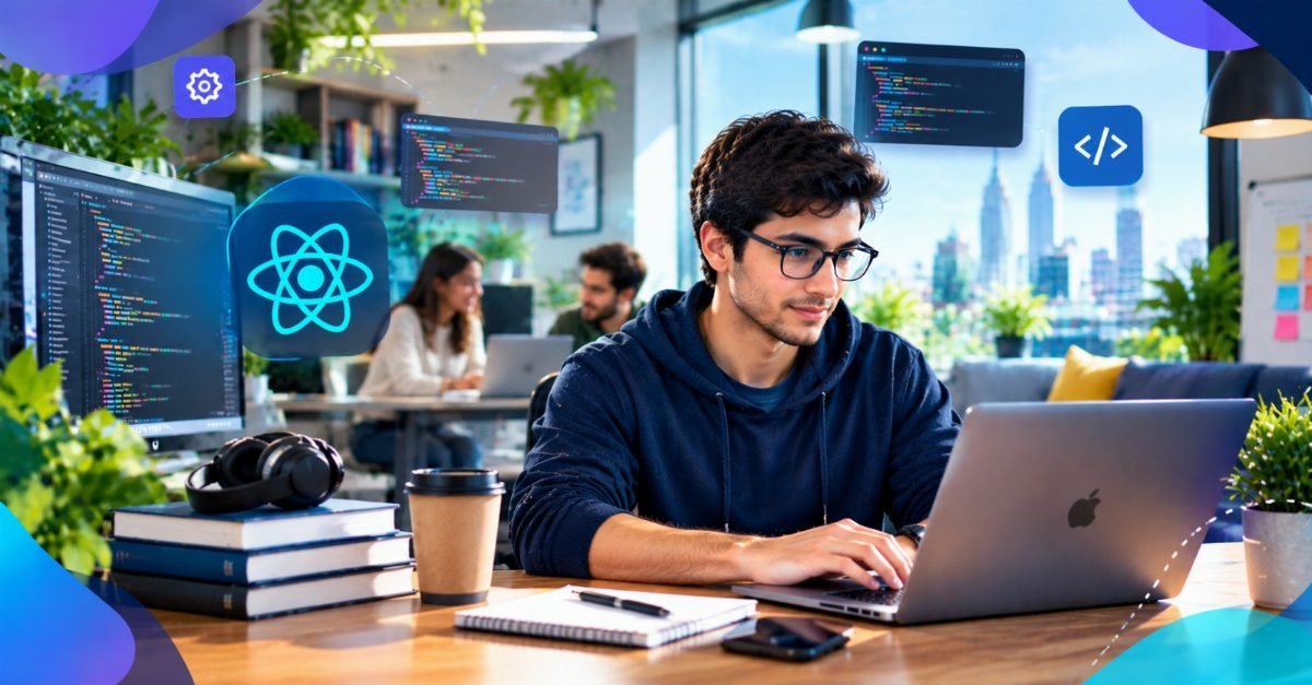 A senior React developer leading an architecture and system design discussion at a whiteboard
