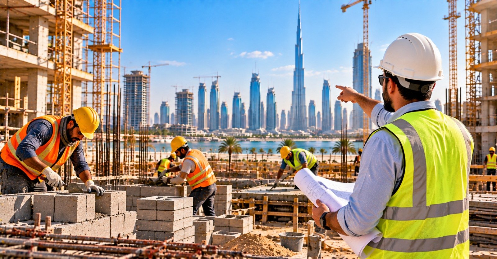 A site supervisor in a white hard hat and yellow high-visibility vest holding rolled drawings and pointing across a blockwork site while masons lay concrete blocks, with tower cranes and the Dubai skyline behind
