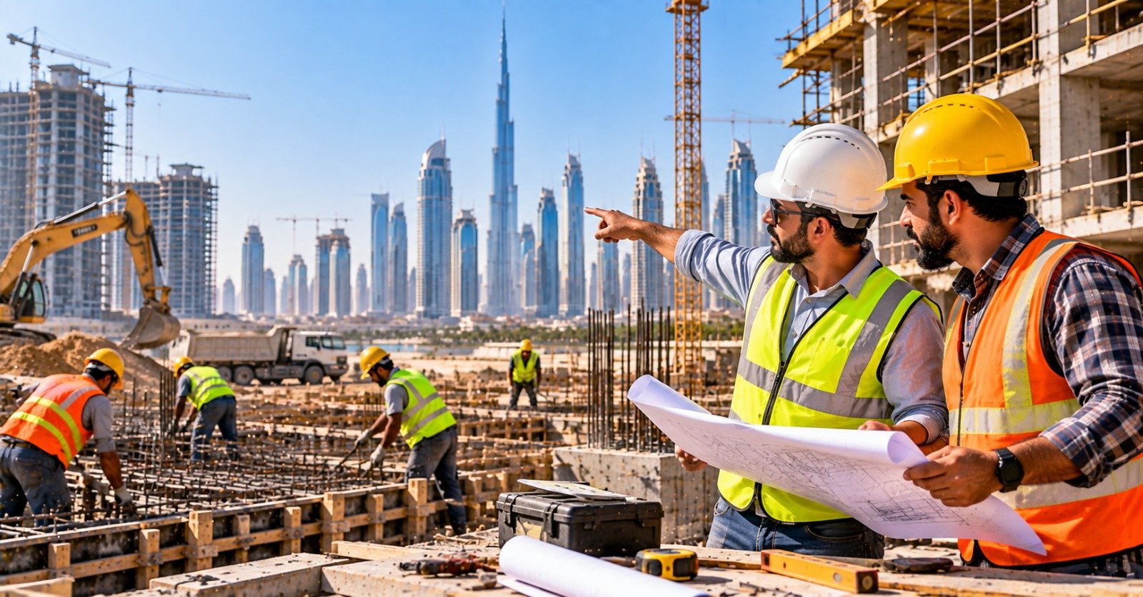 A site supervisor in a white hard hat and a foreman in a yellow hard hat reading a construction drawing together beside rebar and formwork, while steel fixers work and an excavator digs in front of the Dubai skyline