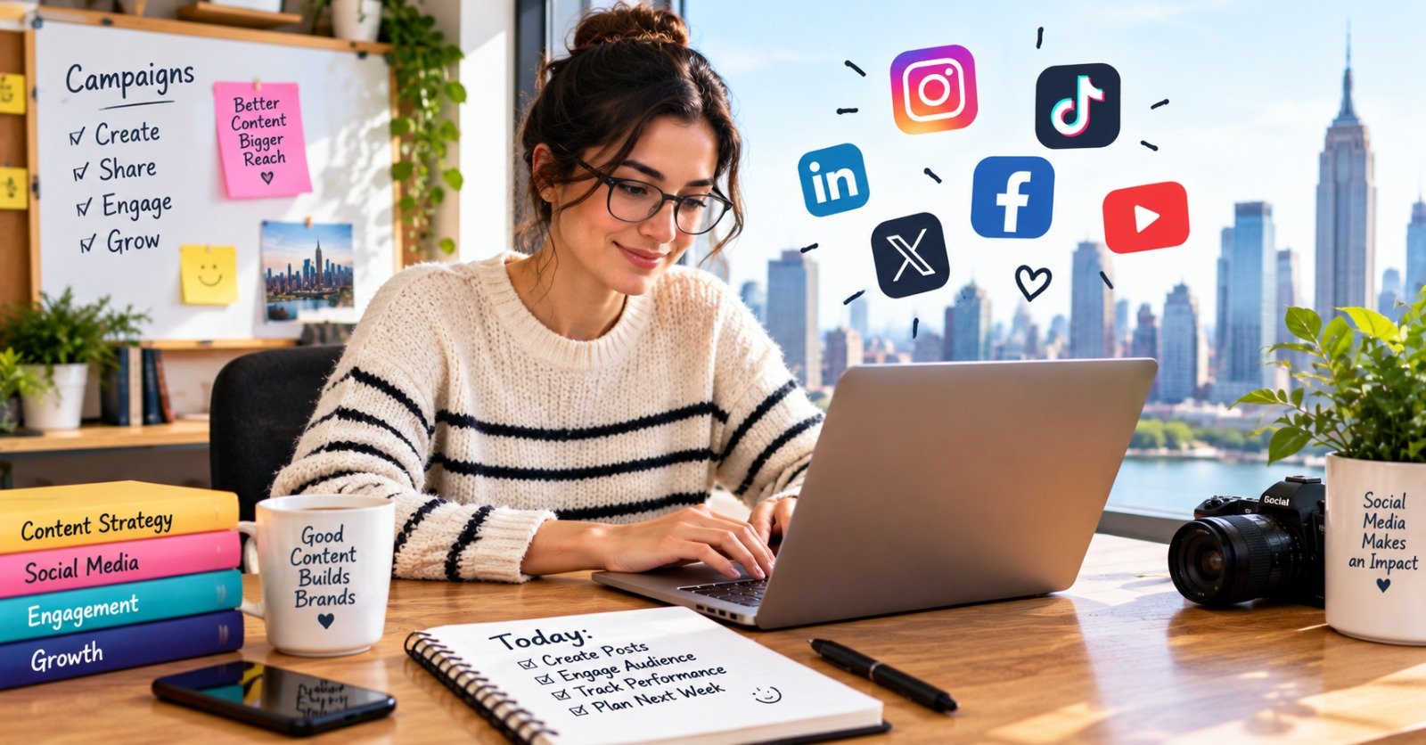 A social media manager planning a content calendar and reviewing engagement for a US brand