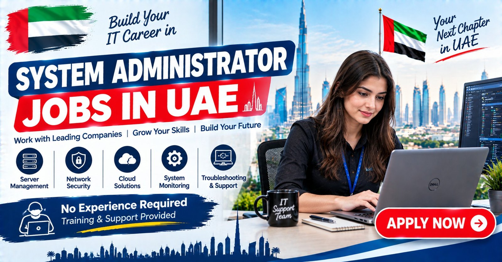 A system administrator smiling at a laptop in a Dubai office with the city skyline and UAE flag in the background