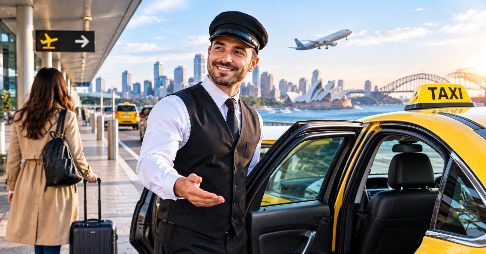 A taxi driver opening the door for a passenger at an airport terminal