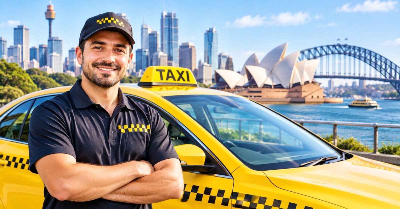 A taxi driver standing beside a yellow cab in an Australian city