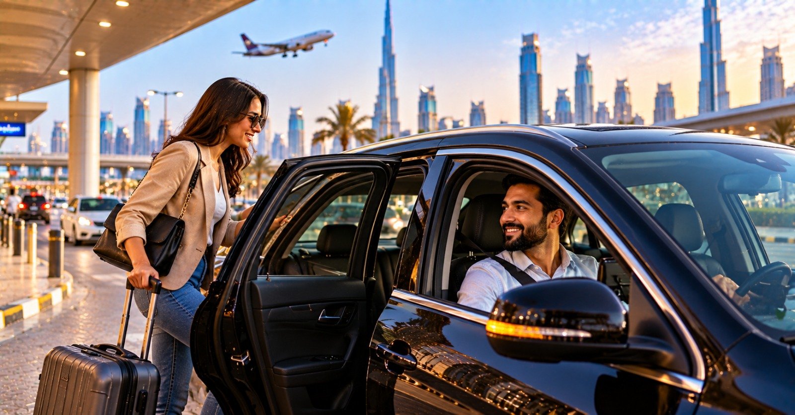 A driver in a black car smiling at a woman with a suitcase opening the rear door at an airport pick-up lane, with a plane taking off over the Dubai skyline at sunset