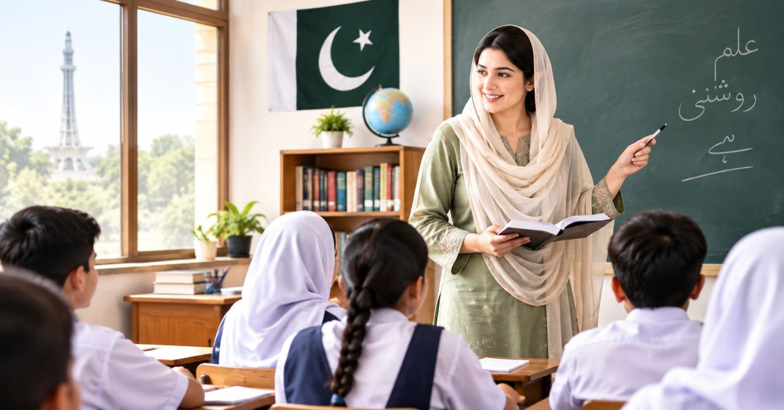 A teacher leading a lesson at a chalkboard in a Pakistani school classroom