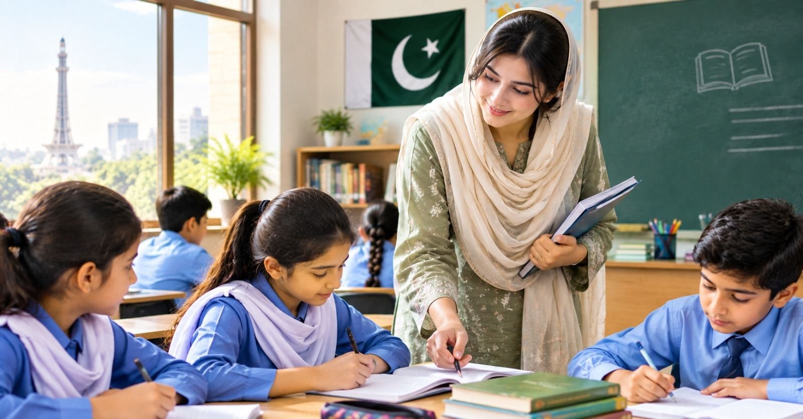 A teacher helping students with their work at desks in a Pakistani classroom