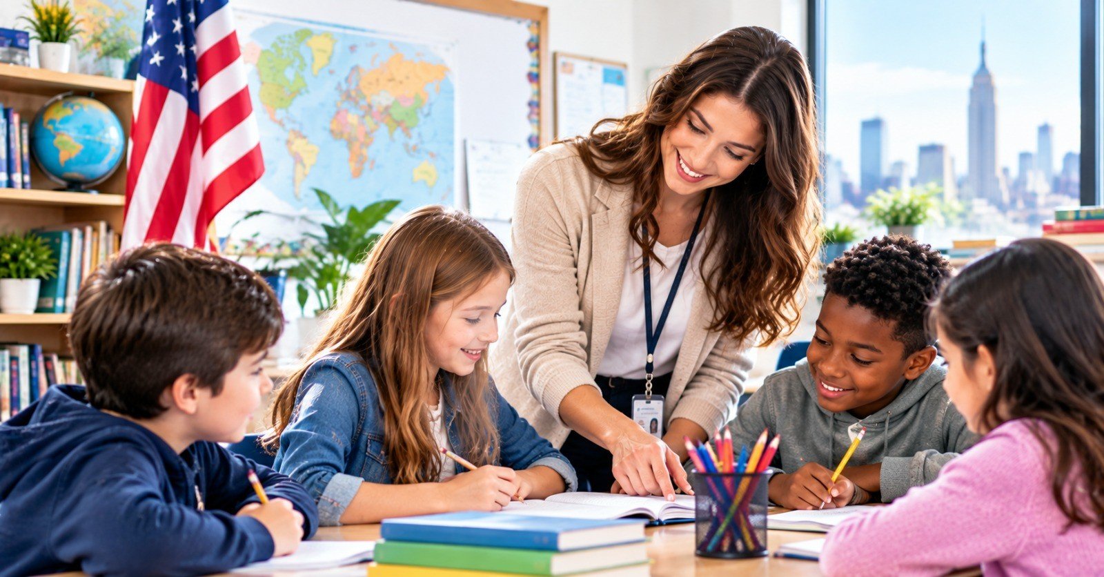 A smiling teacher working with a group of students in a classroom with a world map and a US flag
