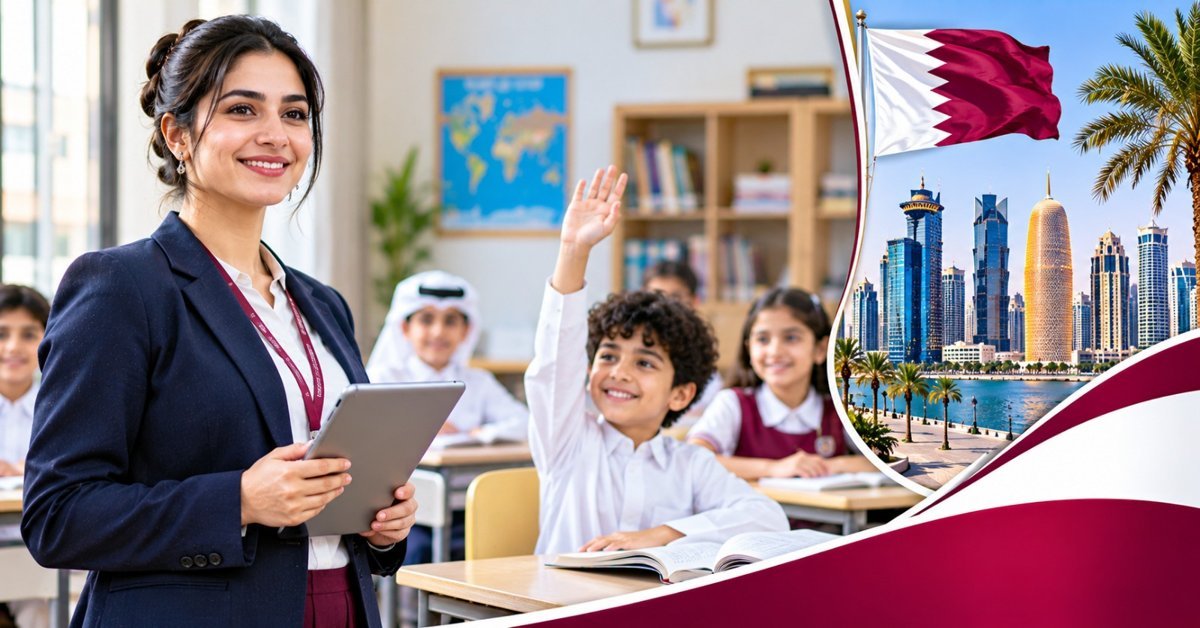 Teacher with a tablet in a Doha classroom while pupils raise their hands, with the Qatar flag and city skyline behind