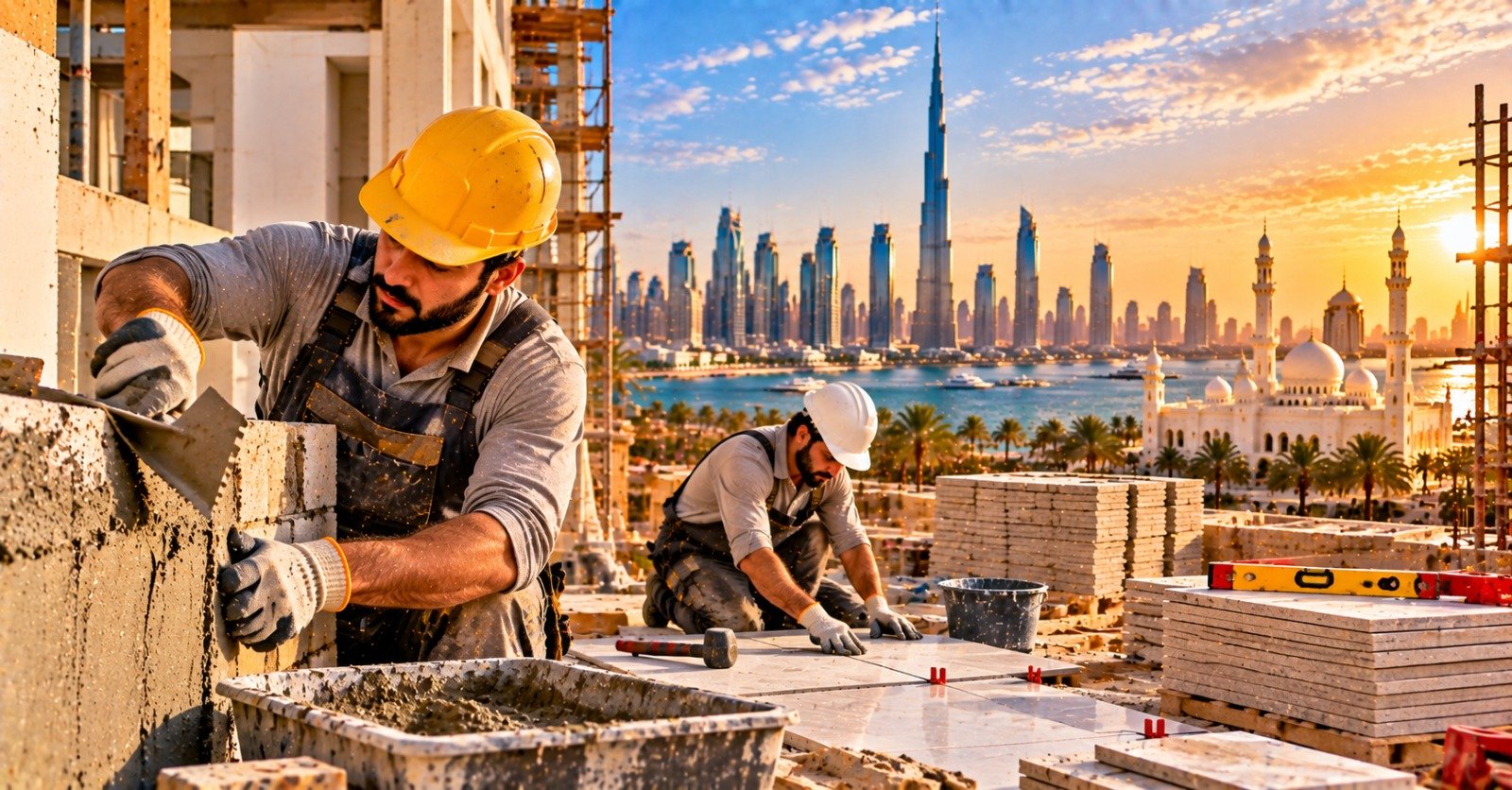 A mason in a yellow hard hat spreading mortar on a concrete block wall while a tiler in a white hard hat lays floor tiles behind him, with stacked tiles, a spirit level and a Gulf skyline at sunset