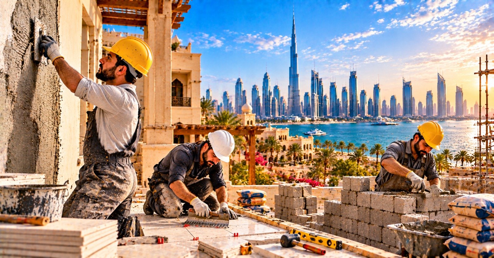 Three tradesmen in hard hats on a Gulf building site: one plastering a wall with a trowel, one laying floor tiles with spacers, one building a block wall, with the Dubai skyline behind