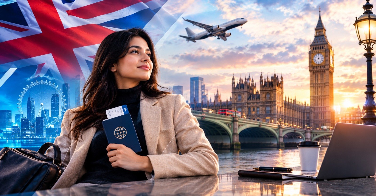 An applicant holding a passport and boarding pass at a desk with a laptop, with the Union Jack, a departing aircraft and the London skyline behind her