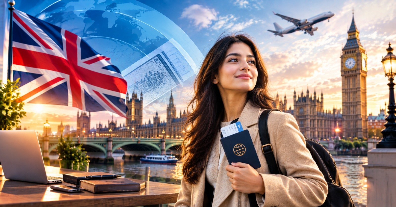 An applicant holding a passport and boarding pass beside a laptop and notebook, with a UK visa document, the Union Jack and the Palace of Westminster at sunset