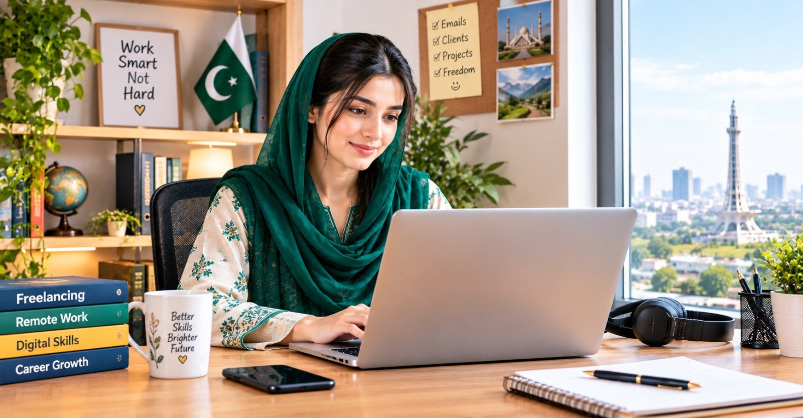 A virtual assistant working remotely from home in Pakistan