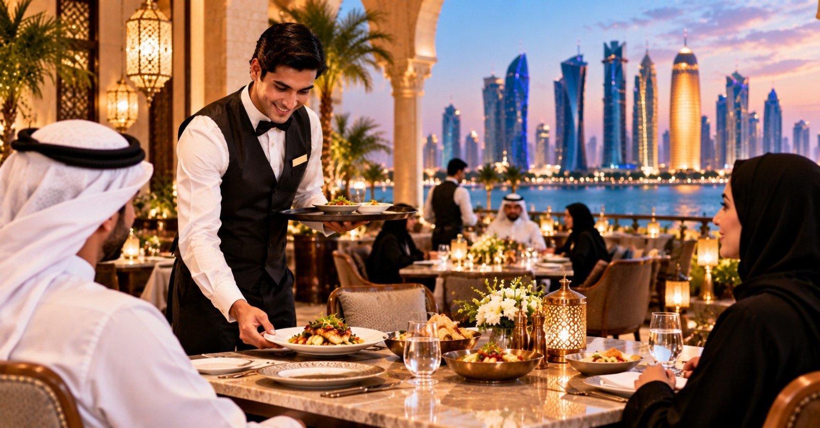 Waiter in a black waistcoat and bow tie serving guests at a fine-dining restaurant in Doha with the city skyline behind