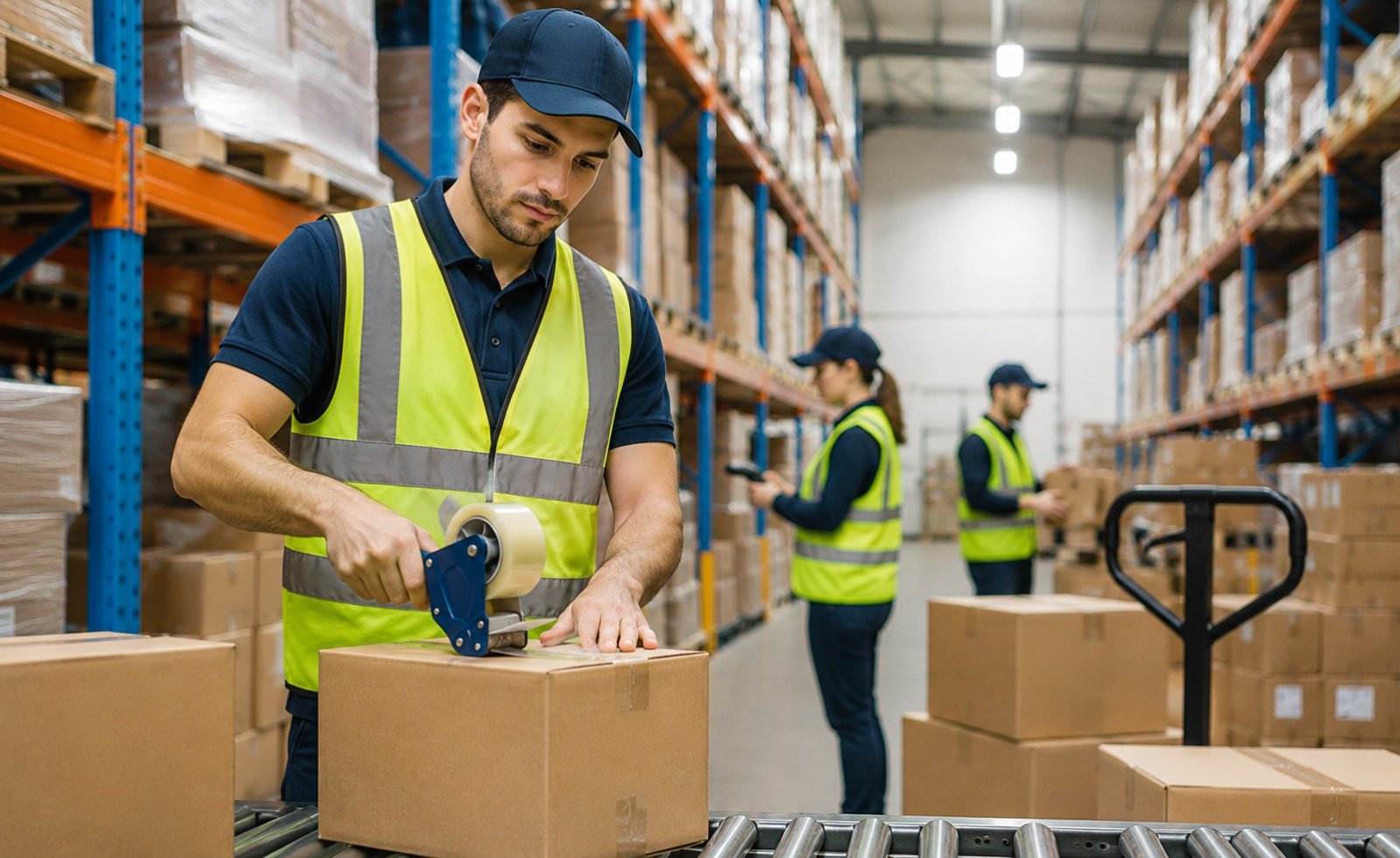 Warehouse operatives packing boxes on a UK distribution centre floor — warehouse jobs UK visa sponsorship