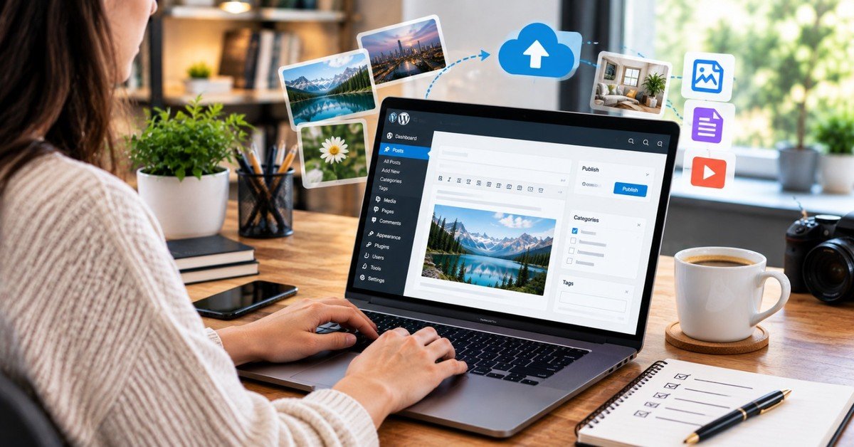 WordPress post editor open with an article being formatted, images being added and categories being set