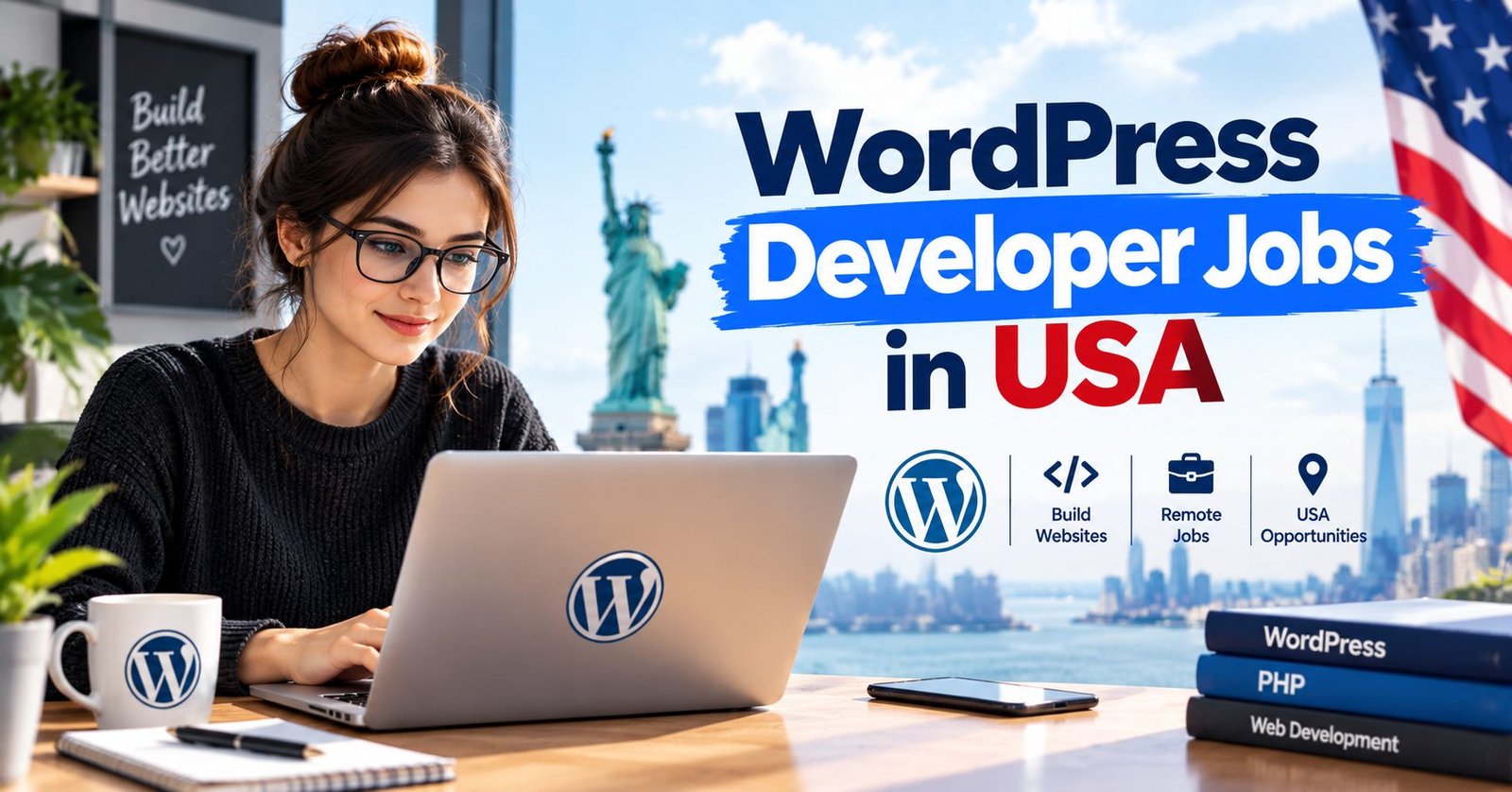 Freelance WordPress developer jobs in USA banner covering WooCommerce, Elementor and custom theme work