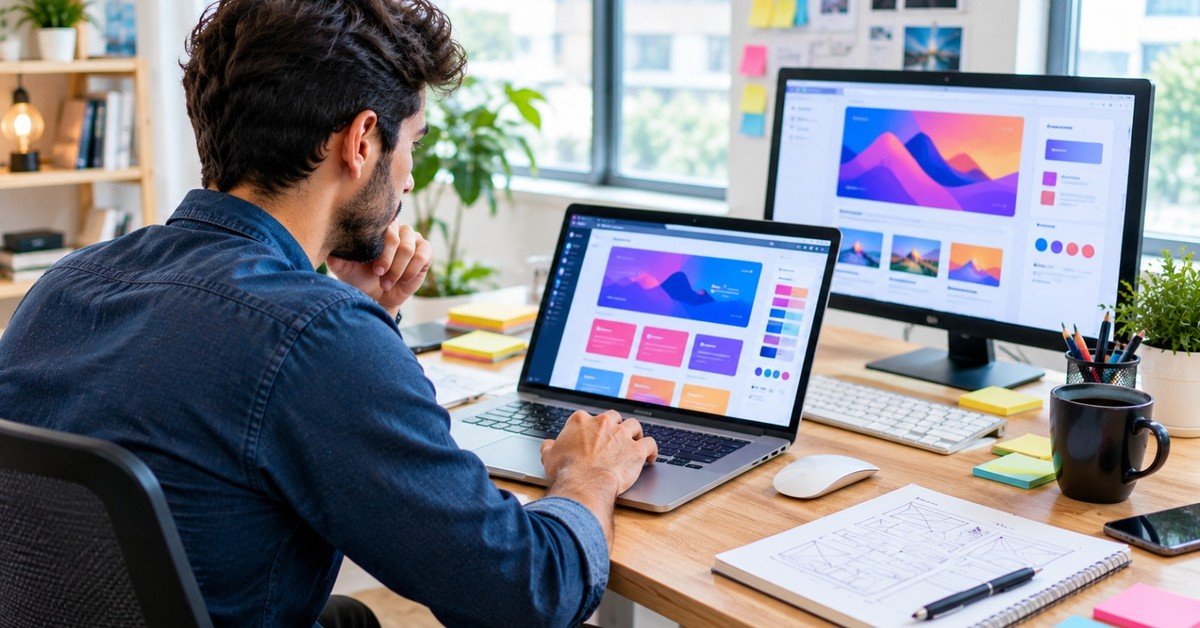 A developer building a WordPress page layout on a laptop