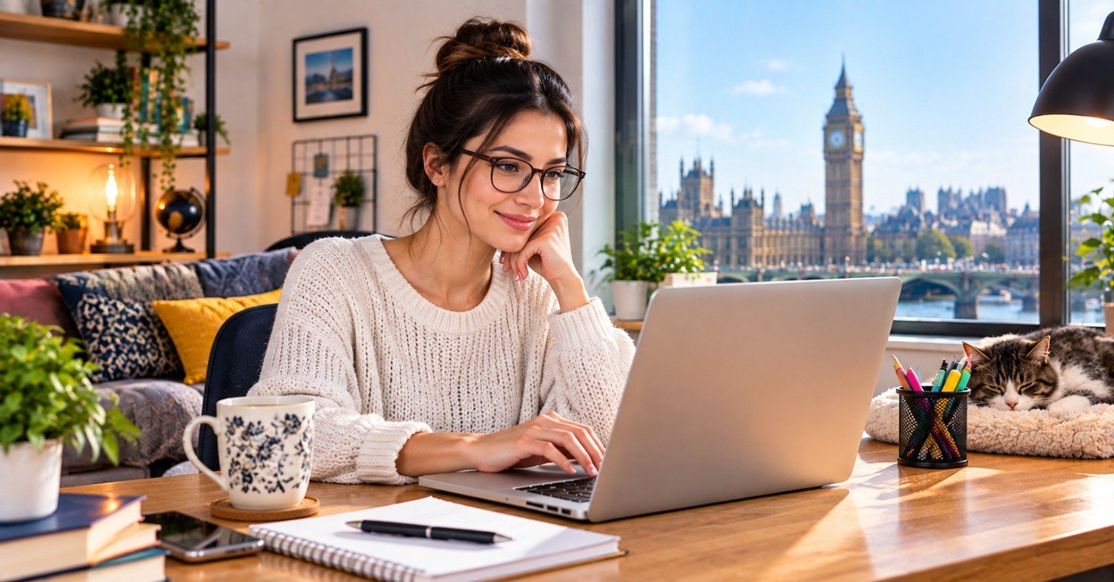 A home worker at a laptop with a pet nearby, illustrating flexible home-based hours