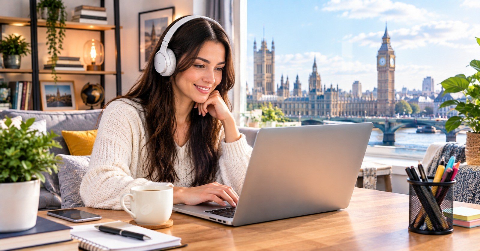 A UK home worker at a laptop in a home office