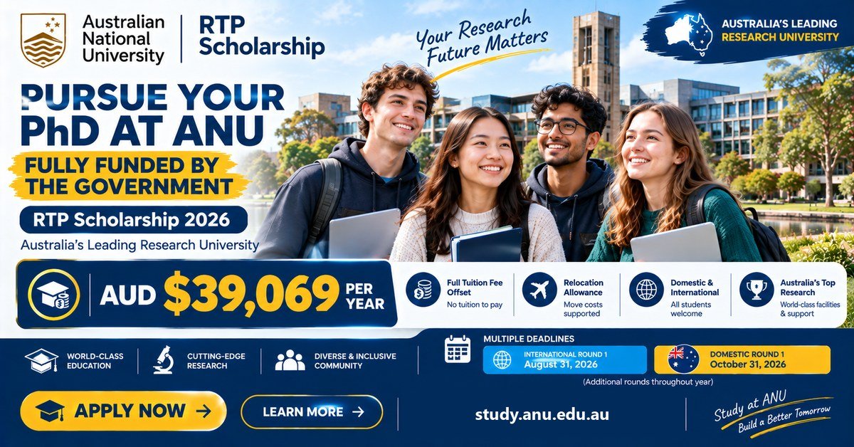 Four students at ANU with the RTP Scholarship 2026 deadlines for international and domestic applicants
