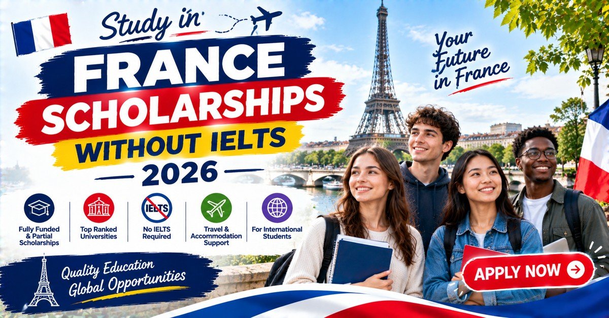 International students by the Seine with the Eiffel Tower, France scholarships without IELTS 2026